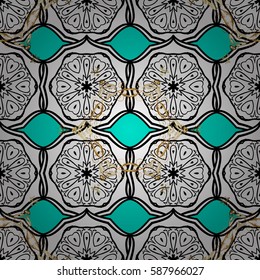 Winter snow texture wallpaper. Christmas white snowflake seamless pattern. Golden snowflakes on blue background. Symbol holiday, New Year celebration vector white pattern.
