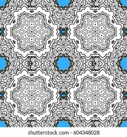 Winter snow texture wallpaper. Christmas white snowflake seamless pattern. White snowflakes on blue background. Symbol holiday, New Year celebration vector white pattern.