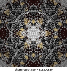 Winter snow texture wallpaper. Christmas gold snowflake seamless pattern. Golden snowflakes on brown background. Symbol holiday, New Year celebration vector golden pattern with golden elements.