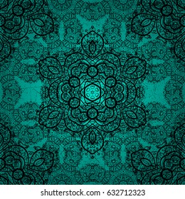 Winter snow texture wallpaper. Christmas black snowflake ornamental pattern. Vintage snowflakes on blue background. Symbol holiday, New Year celebration vector black pattern.