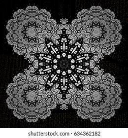 Winter snow texture wallpaper. Christmas white doodles snowflake. White snowflakes on black background. Symbol holiday, New Year celebration vector pattern with elements.