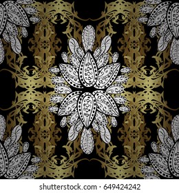 Winter snow texture wallpaper. Christmas gold snowflake seamless pattern. Golden snowflakes on black background. Symbol holiday, New Year celebration vector golden pattern with golden elements.
