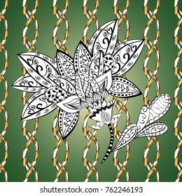 Winter snow texture wallpaper. Christmas gold snowflake ornamental pattern. Golden snowflakes on green, white colors. Symbol holiday, New Year celebration vector golden pattern with golden elements.