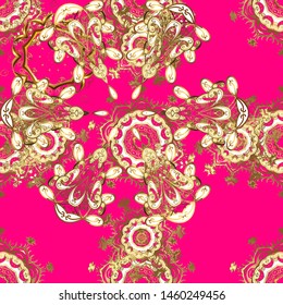 Winter snow texture wallpaper. Golden snowflakes on magenta and brown colors. Symbol holiday, New Year celebration vector golden pattern. Christmas golden snowflake seamless pattern.