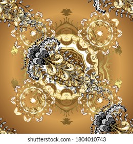 Winter snow texture wallpaper. Golden snowflakes on orange, beige and brown colors. Symbol holiday, New Year celebration vector golden pattern. Christmas golden snowflake seamless pattern.
