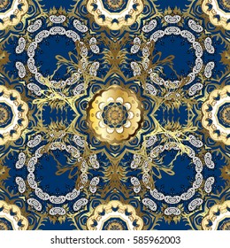 Winter snow texture wallpaper. Golden snowflakes on blue background. Symbol holiday, New Year celebration vector golden pattern. Christmas golden snowflake seamless pattern.