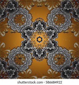 Winter snow texture wallpaper. Golden snowflakes on yellow background. Symbol holiday, New Year celebration vector golden pattern. Christmas golden snowflake.