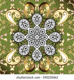 Winter snow texture wallpaper. Golden snowflakes on green background. Symbol holiday, New Year celebration vector golden pattern with golden elements. Christmas gold snowflake.