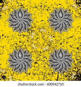 Winter snow texture wallpaper. Golden snowflakes on yellow background. Symbol holiday, New Year celebration vector golden pattern with golden elements. Christmas gold snowflake pattern.