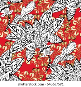 Winter snow texture wallpaper. Golden snowflakes on red background. Symbol holiday, New Year celebration vector golden pattern with golden elements. Christmas gold snowflake seamless pattern.
