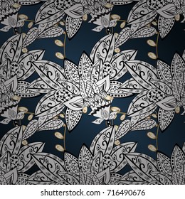 Winter snow texture wallpaper. Golden snowflakes on gray, blue colors. Symbol holiday, New Year celebration vector golden pattern with golden elements. Christmas gold snowflake ornamental pattern.