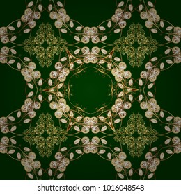 Winter snow texture wallpaper. Symbol holiday, New Year celebration vector golden pattern. Christmas golden snowflake seamless pattern. Golden snowflakes on green and yellow colors.