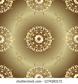 Winter snow texture wallpaper. Symbol holiday, New Year celebration vector golden pattern. Christmas golden snowflake seamless pattern. Golden snowflakes on beige and brown colors.