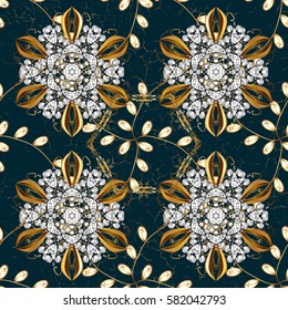 Winter snow texture wallpaper. Symbol holiday, New Year celebration vector golden pattern with golden elements. Christmas gold snowflake pattern. Golden snowflakes on blue background.