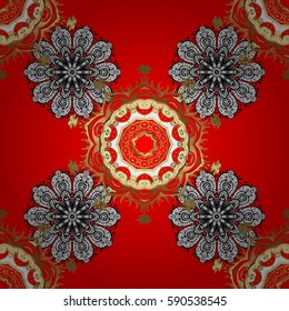 Winter snow texture wallpaper. Symbol holiday, New Year celebration vector golden pattern with golden elements. Christmas gold snowflake. Golden snowflakes on red background.