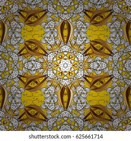 Winter snow texture wallpaper. Symbol holiday, New Year celebration vector golden pattern with golden elements. Christmas gold snowflake pattern. Golden snowflakes on yellow background.