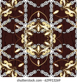Winter snow texture wallpaper. Symbol holiday, New Year celebration vector golden pattern with golden elements. Christmas gold snowflake pattern. Golden snowflakes on brown background.