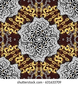Winter snow texture wallpaper. Symbol holiday, New Year celebration vector golden pattern with golden elements. Christmas gold snowflake pattern. Golden snowflakes on brown background.