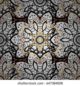Winter snow texture wallpaper. Symbol holiday, New Year celebration vector golden pattern with golden elements. Christmas gold snowflake seamless pattern. Golden snowflakes on orange background.