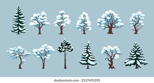 Conjunto de árvore de neve de inverno. Floresta nevada, geleira. Abeto, pinho e abeto com neve. Ano Novo branco Woodland. Botânica de Natal de desenho de paisagem. Vetor de madeira gelada, elementos decorativos isolados