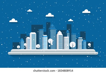 Ilustración del paisaje del edificio de la ciudad de la nieve del árbol de nieve del invierno