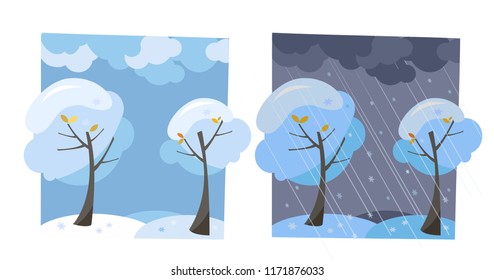 Winter snow trees with flying snowflakes. Set of two non-parallel pictures with a view of good sunny weather and dark evening. Flat cartoon vector illustration. Trees with round crown under clouds sky