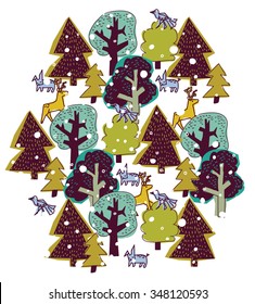 Winter snow trees and wild animals round isolate on white. Trees, animals and snow isolated on white background. Color vector illustration. EPS8