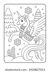 Winter Snow Unicorn coloring page illustration