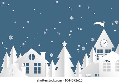 Winter Snow Urban Countryside Landscape City Village with snowfalling and Happy Holidays! text. design for Happy new year and Merry christmas. Paper art and craft style.