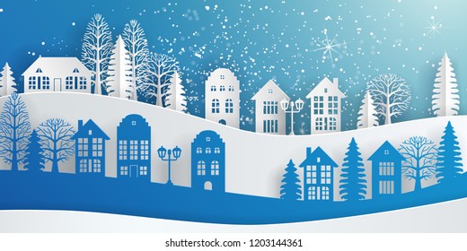 Winter Snow Urban Countryside Landscape City Village, Happy new year and Merry christmas, paper art and digital craft style. Houses and trees on the hills, winter holidays.