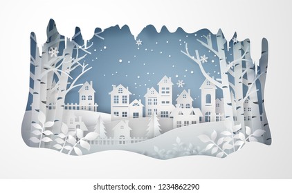 Winter Snow Urban Countryside Landscape City Village ,Happy new year and Merry christmas,paper art and craft style.