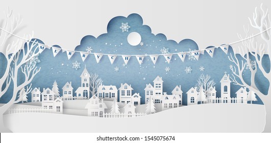 Winter Snow Urban Countryside Landscape City Village with fullmoon,Happy new year  and Merry christmas,paper art and cut style.