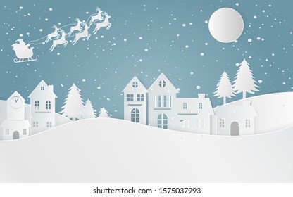 Winter Snow Urban Countryside Landscape City Village with full moon,Happy new year and Merry christmas,paper art and digital craft style