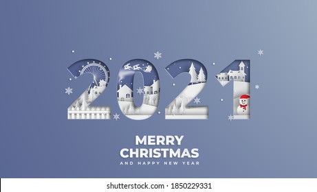 Winter Snow Urban Countryside Landscape City Village,Happy new year 2021 and Merry christmas,paper art and cut style.