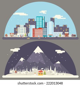 Winter Snow Urban Countryside Landscape City Village Real Estate New Year Christmas Night and Day Background Modern Flat Design Icon Template Vector Illustration