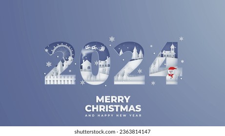 Winter Snow Urban Countryside Landscape City Village,Happy new year 2024 and Merry christmas, paper art and cut style.