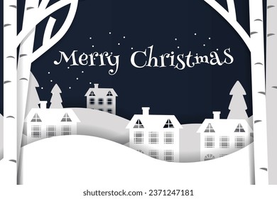 Winter Snow Urban Countryside Landscape City Village with full moon,Happy new year and Merry christmas,paper art and digital craft style