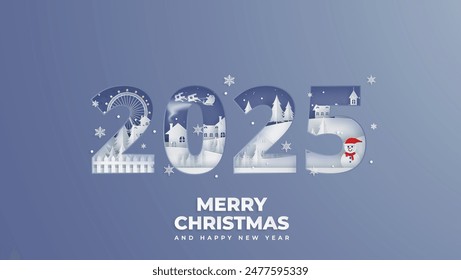 Winter Snow Urban Countryside Landscape City Village,Happy new year 2025 and Merry christmas, paper art and cut style.