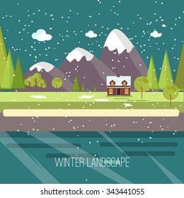 Winter Snow Urban Countryside Landscape City Village Real Estate New Year Christmas Night and Day Background Modern Flat Design Christmas house on a background of winter mountains, flat style 