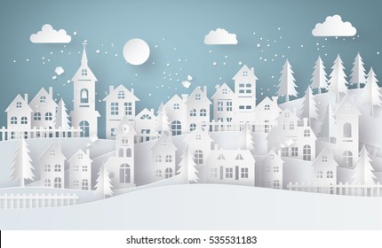 Winter Snow Urban Countryside Landscape City Village with full moon,paper art and digital craft style.