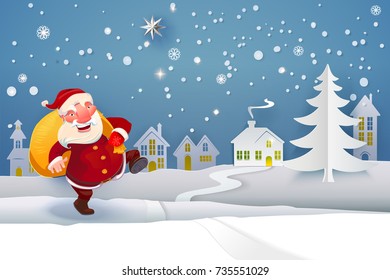 Winter Snow Urban Countryside Landscape with Santa Claus with gifts going to house. Village with full moon. Happy new year and Merry Christmas paper art, cut and craft style banner. Night sky and star