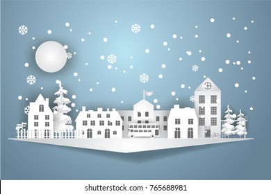 Winter Snow Urban Countryside Landscape City Village.Paper and craft art