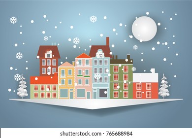 Winter Snow Urban Countryside Landscape City Village. Paper and craft art