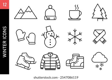 winter snow vacation theme icon set outline illustration