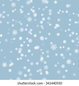 Winter snow vector brush seamless pattern with white snowflake created with illustrator ink paintbrush on blue background