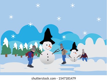 Winter and snow vector illustration in flat style bright colour for happy, celebration , cute snowman and child and other object for background , poster, greeting card