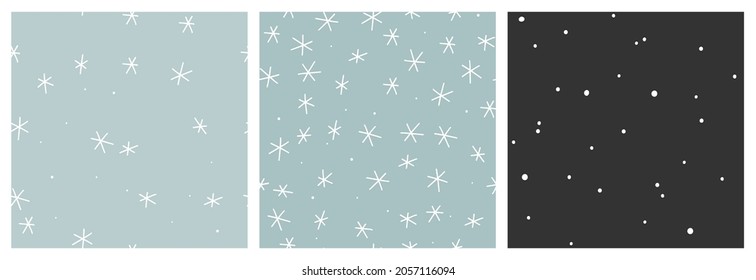 Winter snow vector seamless pattern set. Minimalist scandinavian repeat background with abstract snowflakes in black, white and soft blue colours.