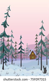 winter snow vertical forest landscape with house on the hill