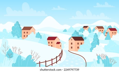 Winter snow village landscape vector illustration. Cartoon snowy scenery with road to farm houses and frozen garden trees, cold countryside scene with nature and cottages of European valley in winter