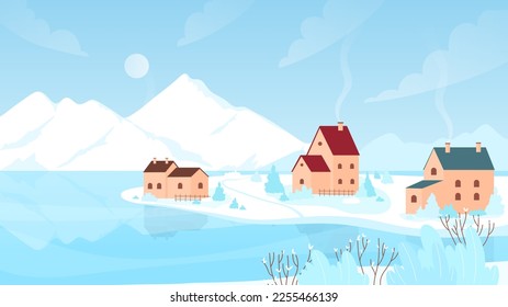 Winter snow village landscape vector illustration. Cartoon snowy scenery with road to farm houses and frozen garden trees, cold countryside scene with nature and cottages of European valley in winter